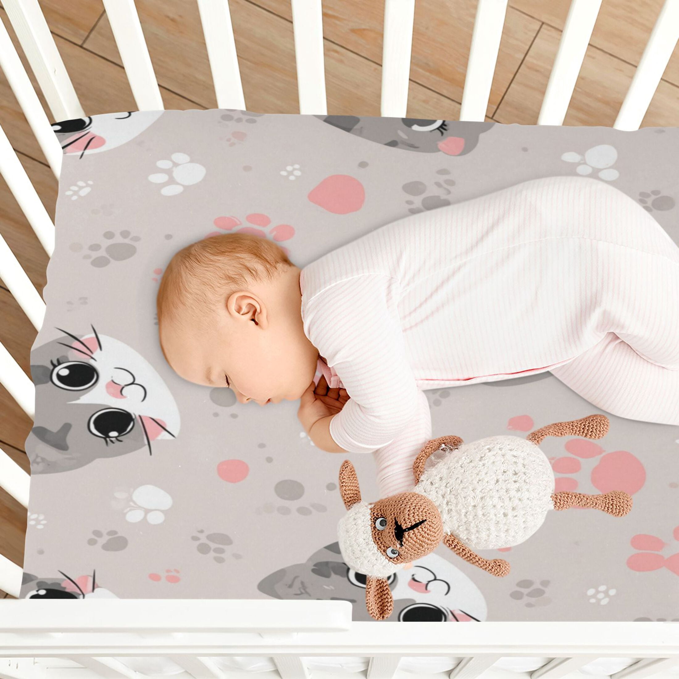 Baby Essentials 52”x 28”- Standard Cotton-like Modal Elastic- Cartoon Cat Face Design Crib Sheets for Newborns and Toddlers