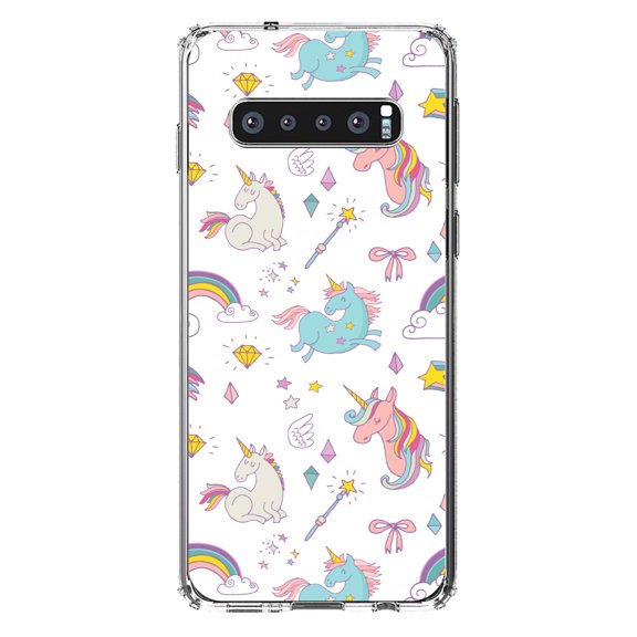 DistinctInk Clear Shockproof Hybrid Case for Samsung Galaxy S10 (6.1" Screen) - TPU Bumper, Acrylic Back, Tempered Glass Screen Protector - Unicorn Rainbow Wand Pattern - White
