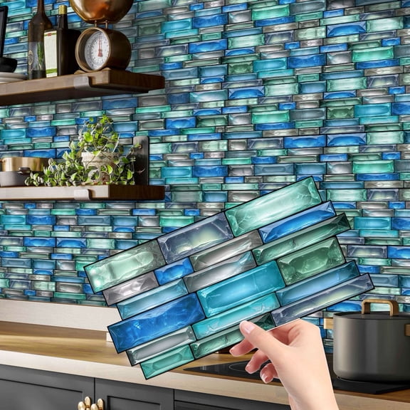12Pcs Waterproof Peel and Stick Tiles Stickers 4.72" x 9.68" Blue Green Gray Mosaic Brick DIY Wall Decals Self Adhesive Backsplash Kitchen Decor