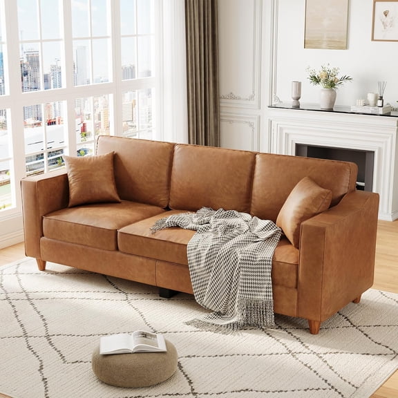 85 Inches 3-Seater Sofa Couch with 2 Throw Pillows, Faux Leather Couch with Wide Armrests, Wood Legs, Deep Seats, Back Cushion, Sturdy Support Feet, Sofa Couches for Living Room, Office, Brown