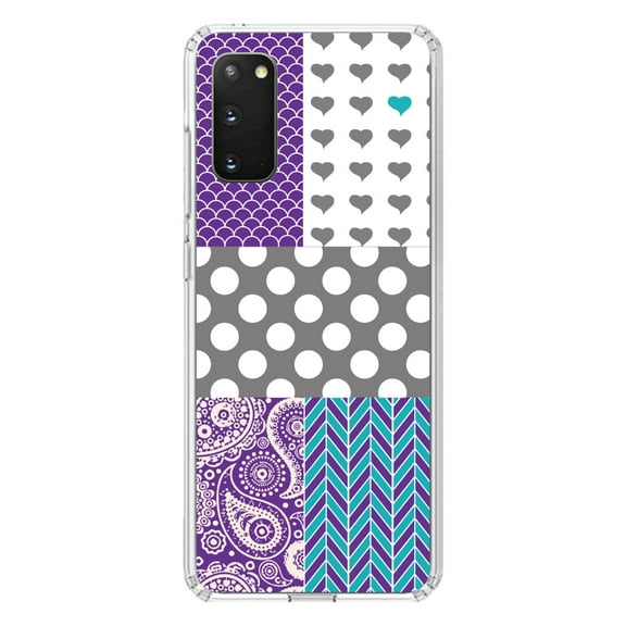 DistinctInk Clear Shockproof Hybrid Case for Galaxy S20 PLUS / 5G (6.7" Screen) - TPU Bumper, Acrylic Back, Tempered Glass Screen Protector - Purple Teal Grey Patterns