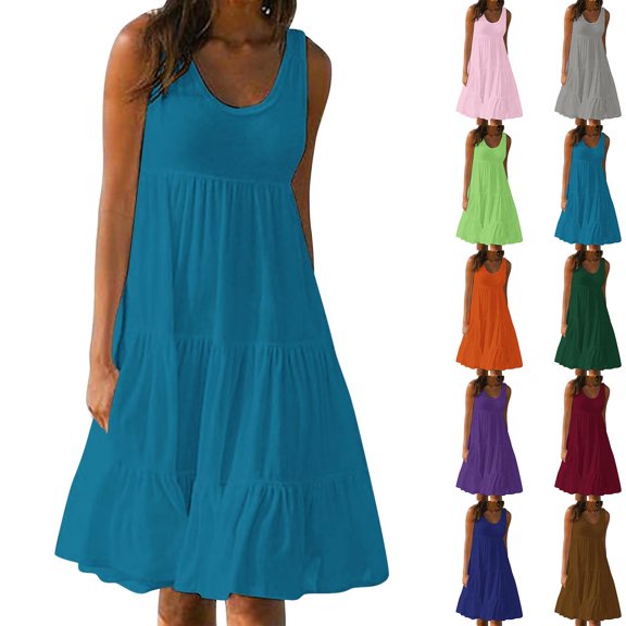 Swuxness Women's Sleeveless Midi Dresses Comfortable Solid Color Flowy Gathered Bust Casual