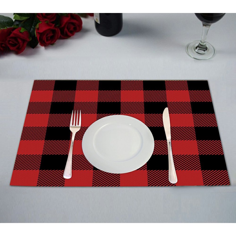 ABPHQTO Red And Black Tartan Plaid Checkered Pattern Table Placemat