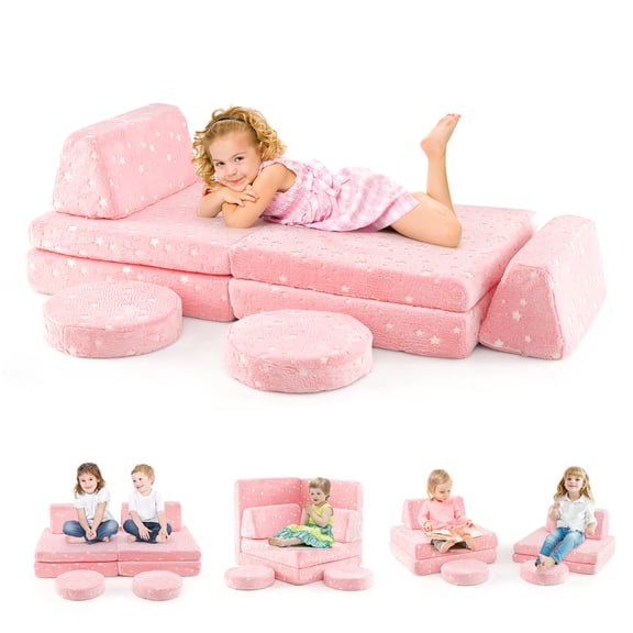 Gymax Glow in the Dark Modular Kids Play Couch Set w/ Machine-washable Flannel Covers Pink