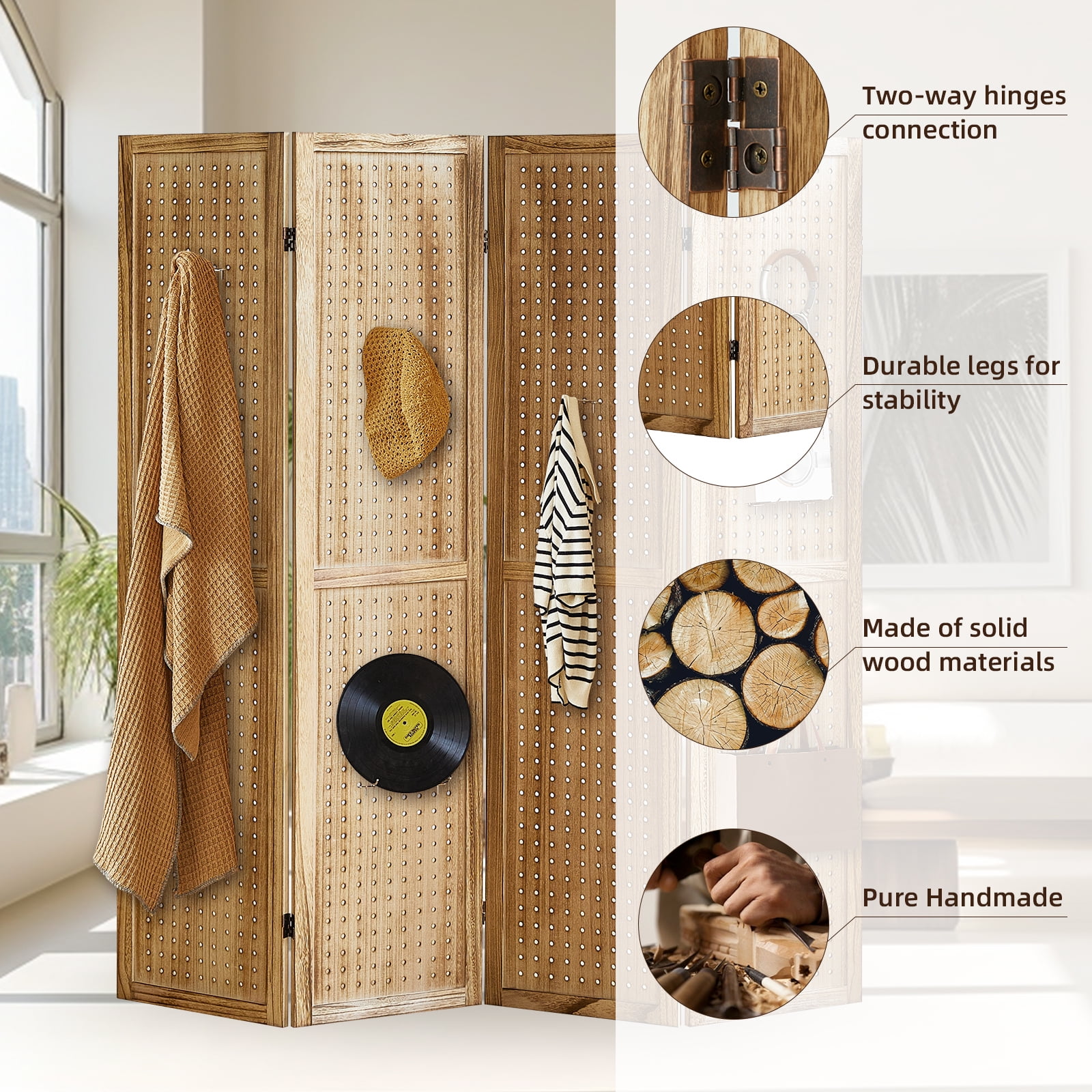 Aletheiawu 4 Panel Display with 16 Hooks, Wood Room Divider Wall, No Installation, Light Brown