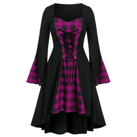 

Womens Plaid Splicing Vintage Tea Dress Lace Up Flare Sleeve High Low Dress Swing Gothic Dresses for Halloween Party