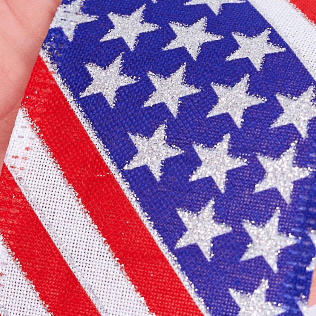 Red, White, and Blue Stars and Stripes Wired Edge Ribbon With Silver Glitter Accents - For 4th of July, Memorial Day, Veteran's Day and Everyday Decor