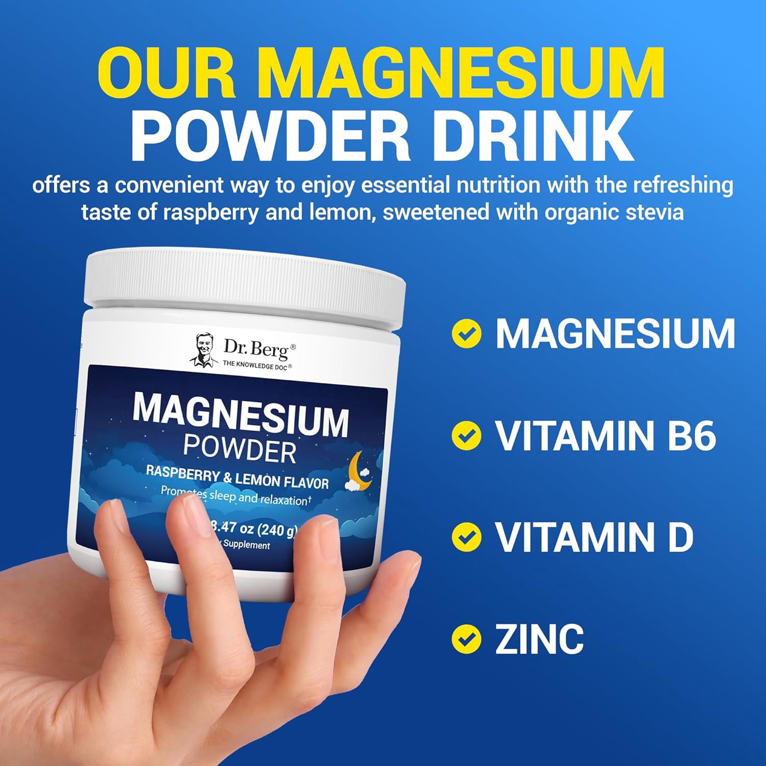 Dr. Berg Magnesium Glycinate Powder - Stress Relief, Mood & Sleep Support with Vitamin D, B6 & Zinc, 50 servings