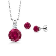 Gem Stone King 925 Sterling Silver Round Red Created Ruby and G-H Lab Grown Diamond Pendant and Earrings Jewelry Set For Women (5.37 Cttw, Gemstone Birthstone, with 18 inch Chain)