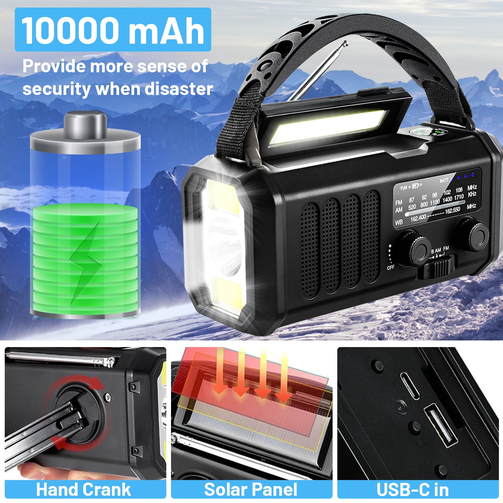 Geemuslly 10000mAh Hand Crank Emergency Radio,NOAA/AM/FM Weather Radio with Type-C Charge, Solar Charging, SOS, 3 Modes LED Torch, Reading Lamp, Compass for Camping, for Indoor Outdoor Emergencies