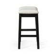 thumbnail image 4 of Maven Lane Adrien 26" Wood Counter Height Stool - Handcrafted Aged Black Finish with Snow White Fabric Upholstered Saddle Seat for Comfort - Barstool for Kitchen Islands, Dining Rooms, Set of 3, 4 of 7