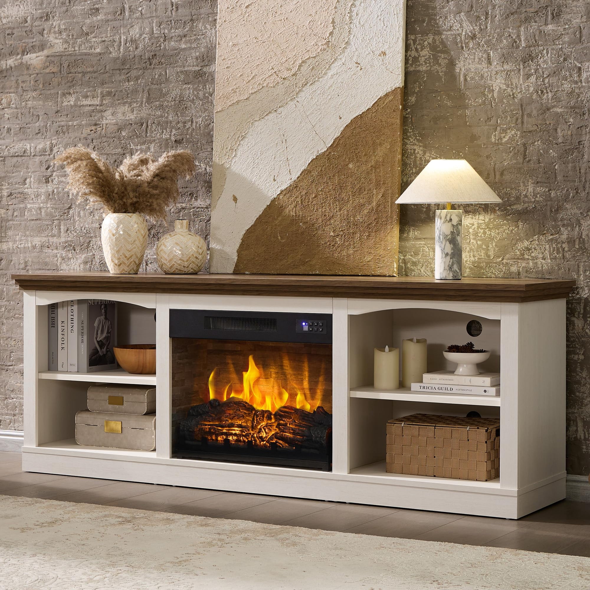 Merluxy 70" Fireplace TV Stand for TVs up to 80", Farmhouse Entertainment Center with 23" Electric Fireplace, Distressed White