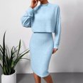 thumbnail image 3 of Quixlent 2 Pcs/Set Women Top Dress Suit Mock Collar Thread Long Sleeve Sweater V Neck Sheath Slim Fit Sleeveless Solid Color Midi Dress Commuting Dating Outfit, 3 of 8