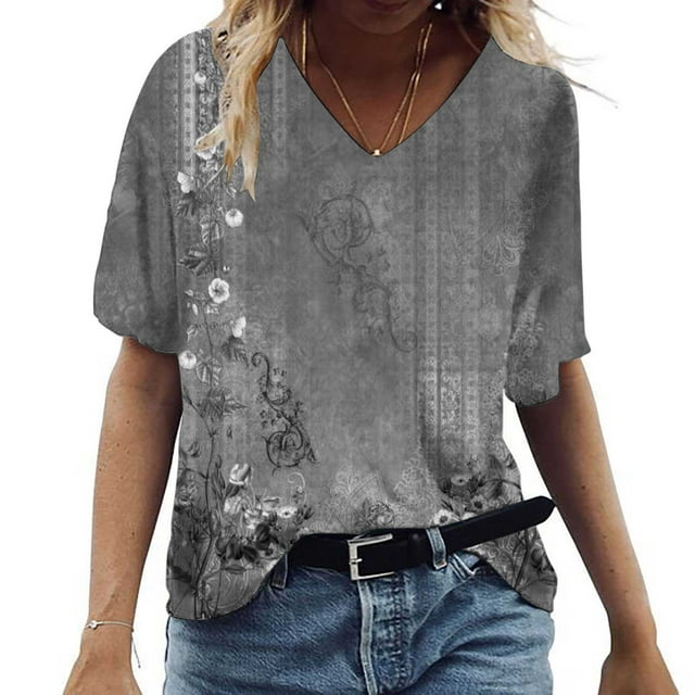 ICHUANYI Clearance Women Fashion Summer Sexy Fold Printed Regular Women Short Sleeves V Neck Button Top(Gray, L) ICHUANYI WER2023080708099