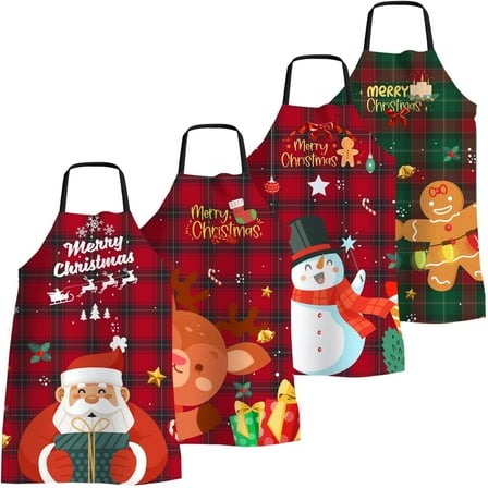 FunChaos 4 Pack Christmas Kitchen Aprons for Women Men, Adjustable Cooking Chef Aprons Waterproof Bib Aprons Cute Xmas Party Gift