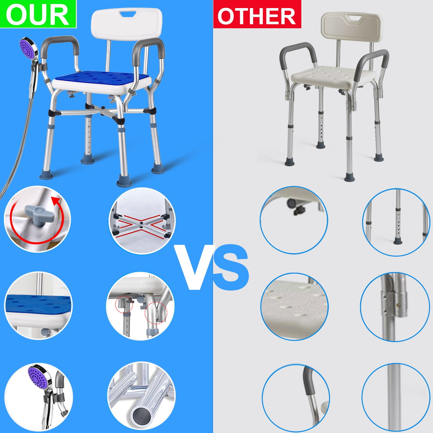 Shower Chair, Shower Stool with Shower Grab Bar for Bathtub , Adjustable Shower Seat Supports up to 500 lbs., White