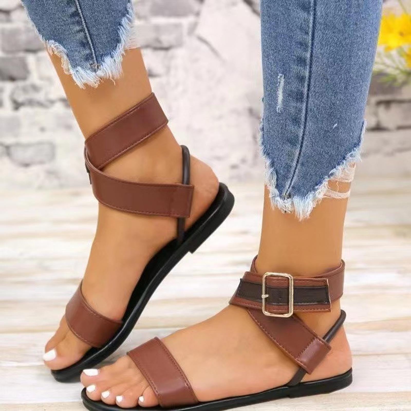 Flash Deals Aqestyerly Womens Dressy Sandal Women s Flat Casual Head One Line Buckle Beach Sandals