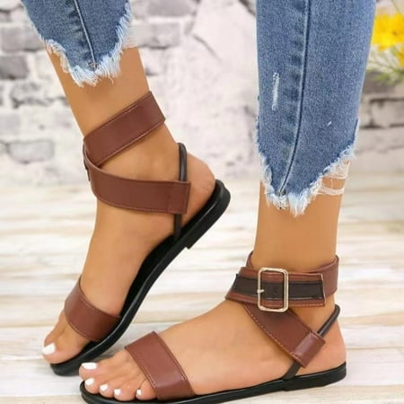 

YYYTop White Sandals Woman Gold Sandals for Women Women s Flat Casual Head One-Line Buckle Beach Sandals Dress Pump Low Chunky Heel Sandals Summer Savings