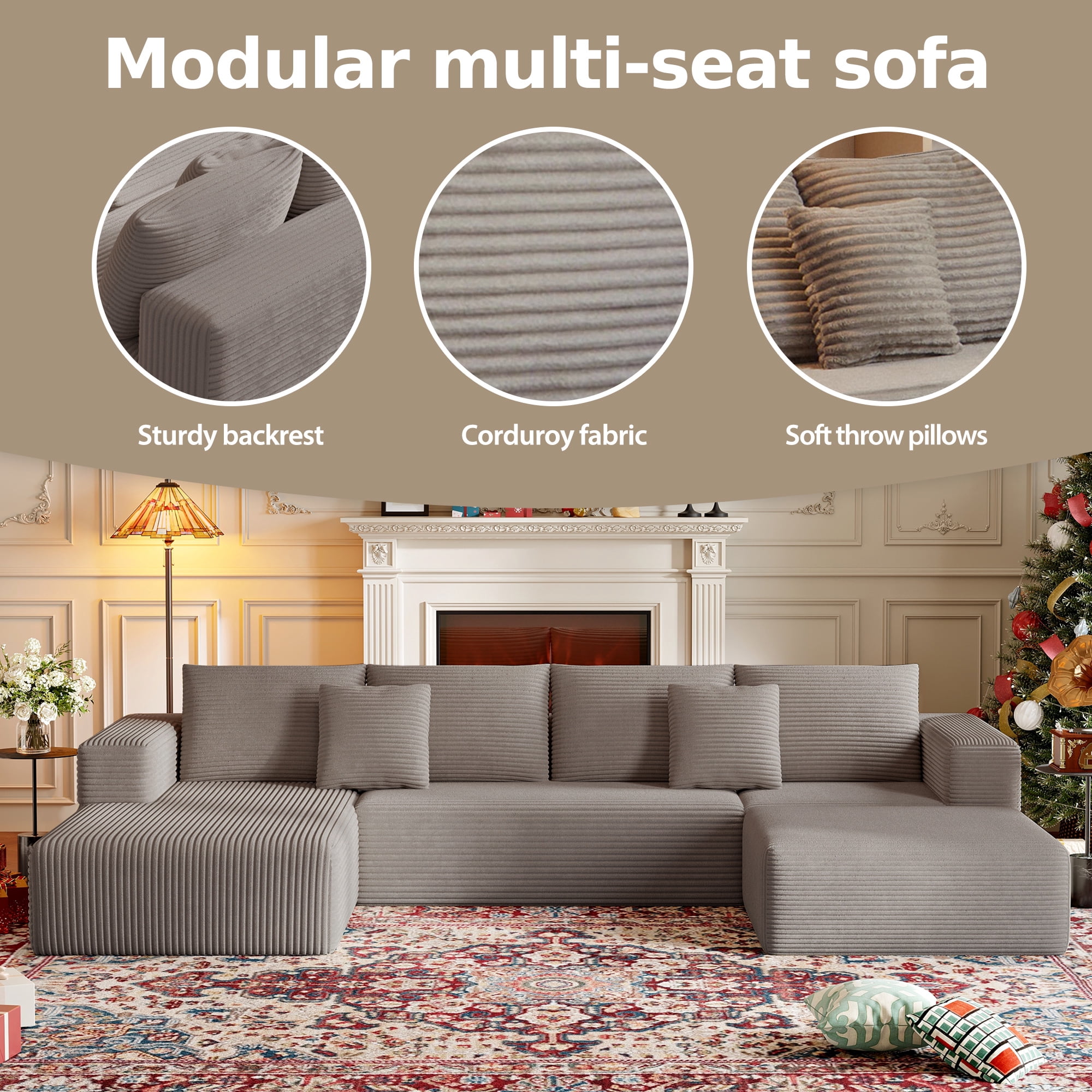 DILORA Large Sectional Cloud Couch,U-Shaped Sofa(Camel),Modular And Compressed,Three Packages,134 Inches