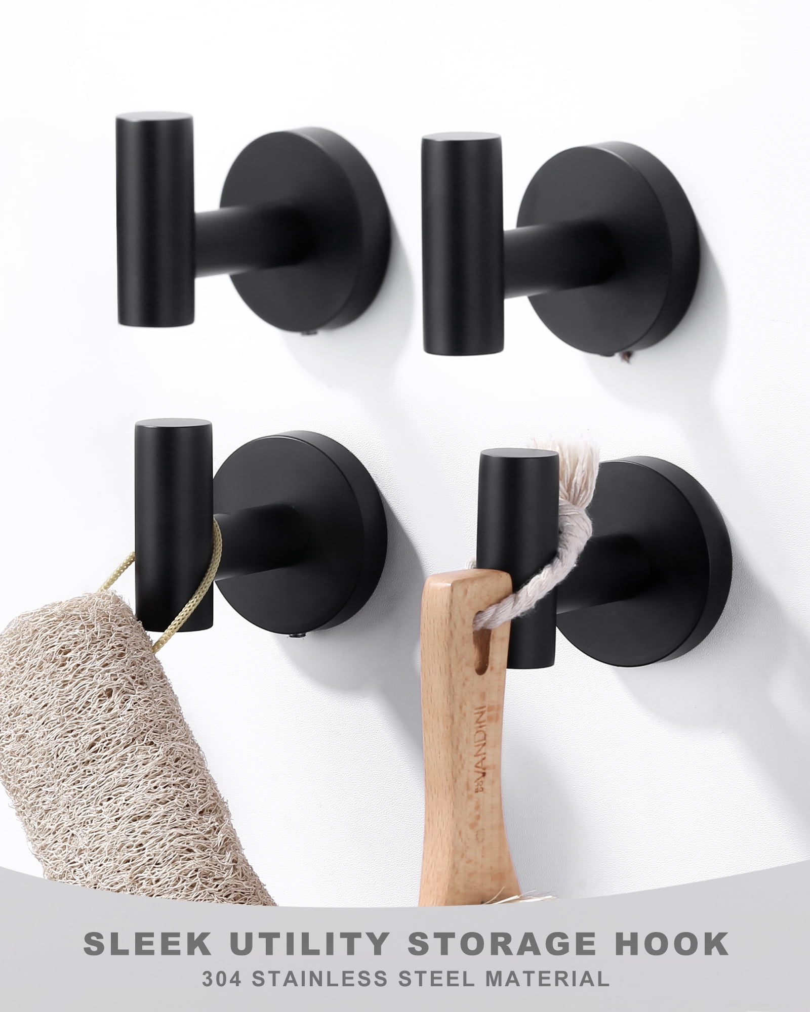 Wowow J-Hook Wall Mounted Bathroom Matte Black Robe/Towel Hook in Stainless Steel (4-Pack)