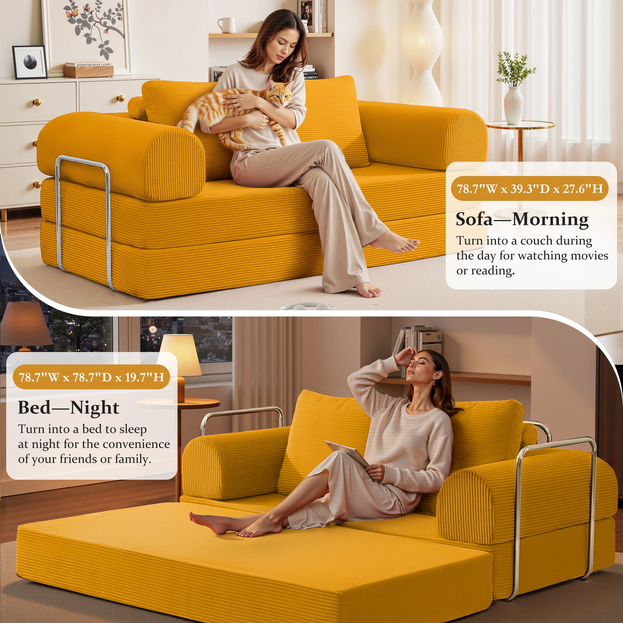 COOLHUT 78.7" W Convertible Sofa Bed, Foam Floor Sofa, Folding Sleeper Sofa Couch Bed with Six Frame, High Rebound Density Sofa, Corduroy Sofa Couch Bed for Living Room, Bedroom, Ginger