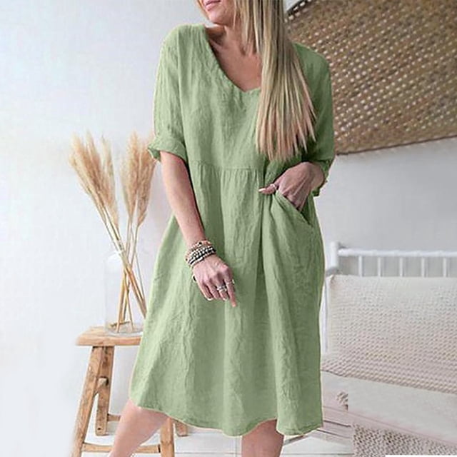 FcBaudy Robe à Manches Courtes Col Rond Longueur Genou, Robes d'Été pour Femmes, Robes Décontractées pour Femmes Couleur Unie Manches Trois-Quarts Col en V Longueur Genou Robe pour Femmes