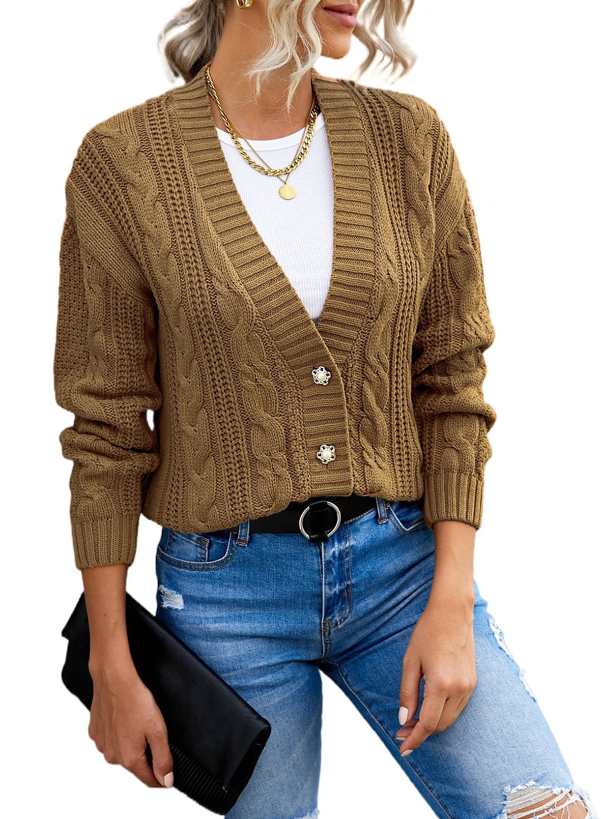Shewin Women's Open Front Cardigan Sweater Khaki Chunky Cable Knit Sweaters for Women Long Sleeve Button Down Sweater V Neck Knitwear Coat, Size: XL (