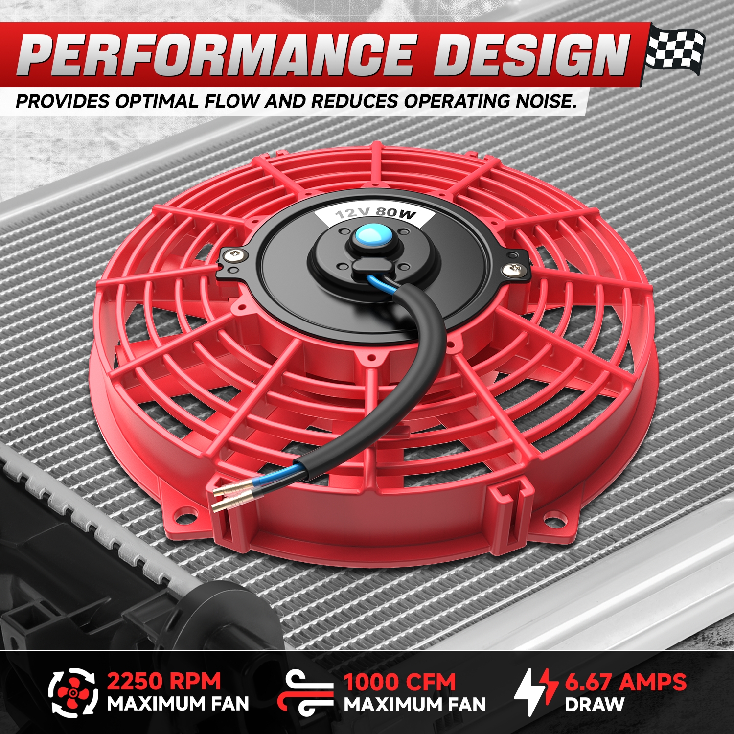 DNA Motoring 7" 12v Volt Electric Slim Push Pull Engine Cooling Radiator Fan w/ Mounting Kit Red