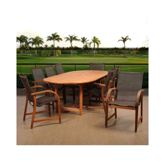 Bahamas 9 Piece Sling Patio Dining Set With 70 X 45 Inch Oval Eucalyptus Extension Table By Amazonia