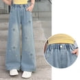 thumbnail image 6 of TIREOW Girls Loose Fit Casual Jeans Straight Wide Leg Elastic Waist Denim Pants Star Embroidered Baggy Denim Trousers(Blue,13-14 Years), 6 of 7