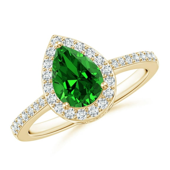 ANGARA Lab Grown Pear Emerald Ring with Lab Diamond Halo for Women in 14K Yellow Gold (Size-8x6mm) | May Birthstone, Birthday, Anniversary, Jewelry Gift for Women | Lab-Grown Emerald Ring