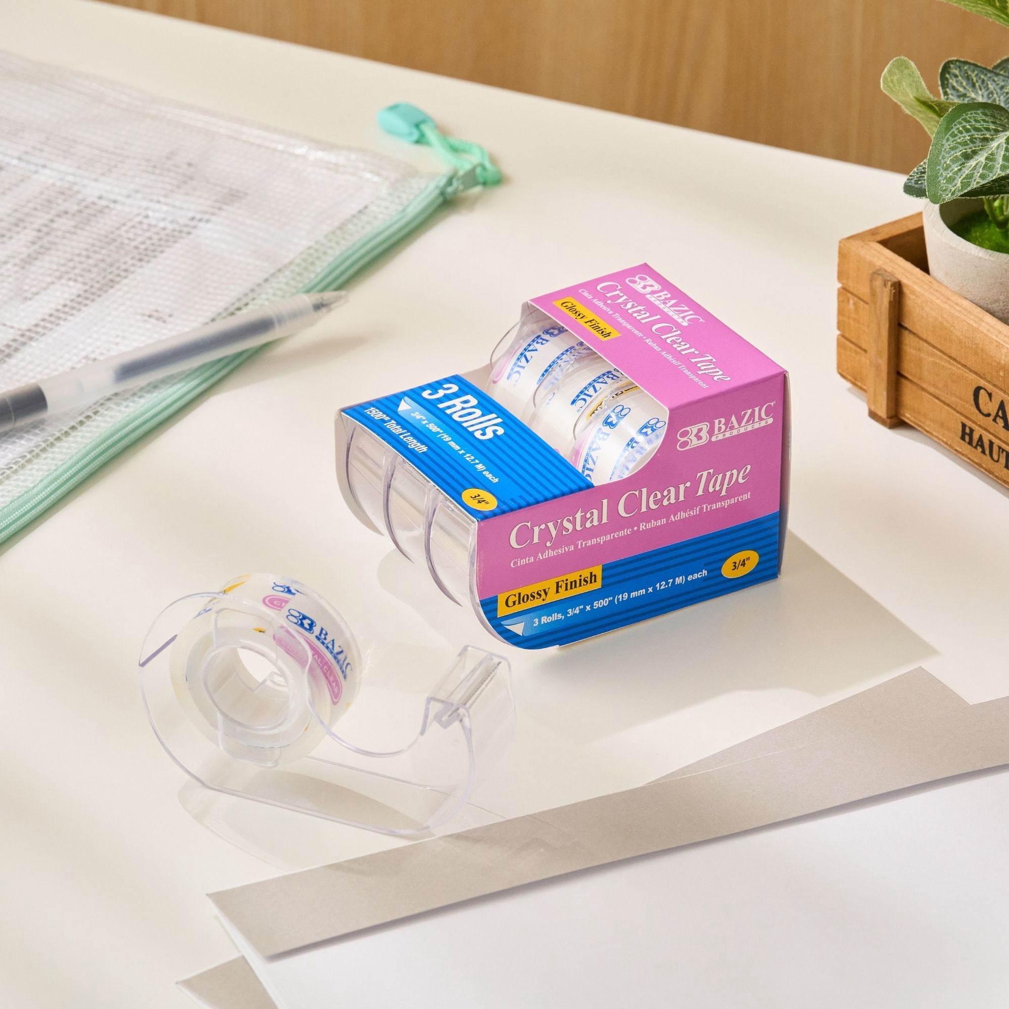 BAZIC Crystal Clear Tape w/ Dispenser 3/4" X 500", Glossy Finish, (3/Pack), 24-Pack