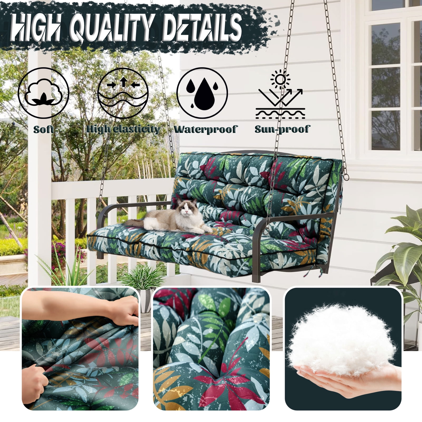 Replacement Cushions for Outdoor Swing, Swing Replacement Cushions Thicken 4" with Backrest, Waterproof Bench Cushions for Patio Furniture Porch Swing Cushions (Green Flowers)
