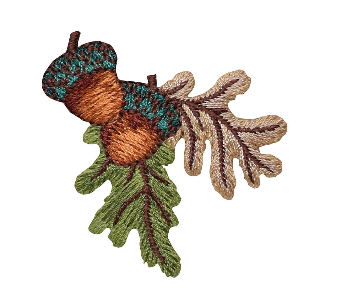 Two Acorns - Brown and Green Fall Leaves - Iron on Applique/ Embroidered Patch