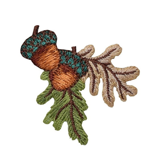 Two Acorns - Brown and Green Fall Leaves - Iron on Applique/ Embroidered Patch