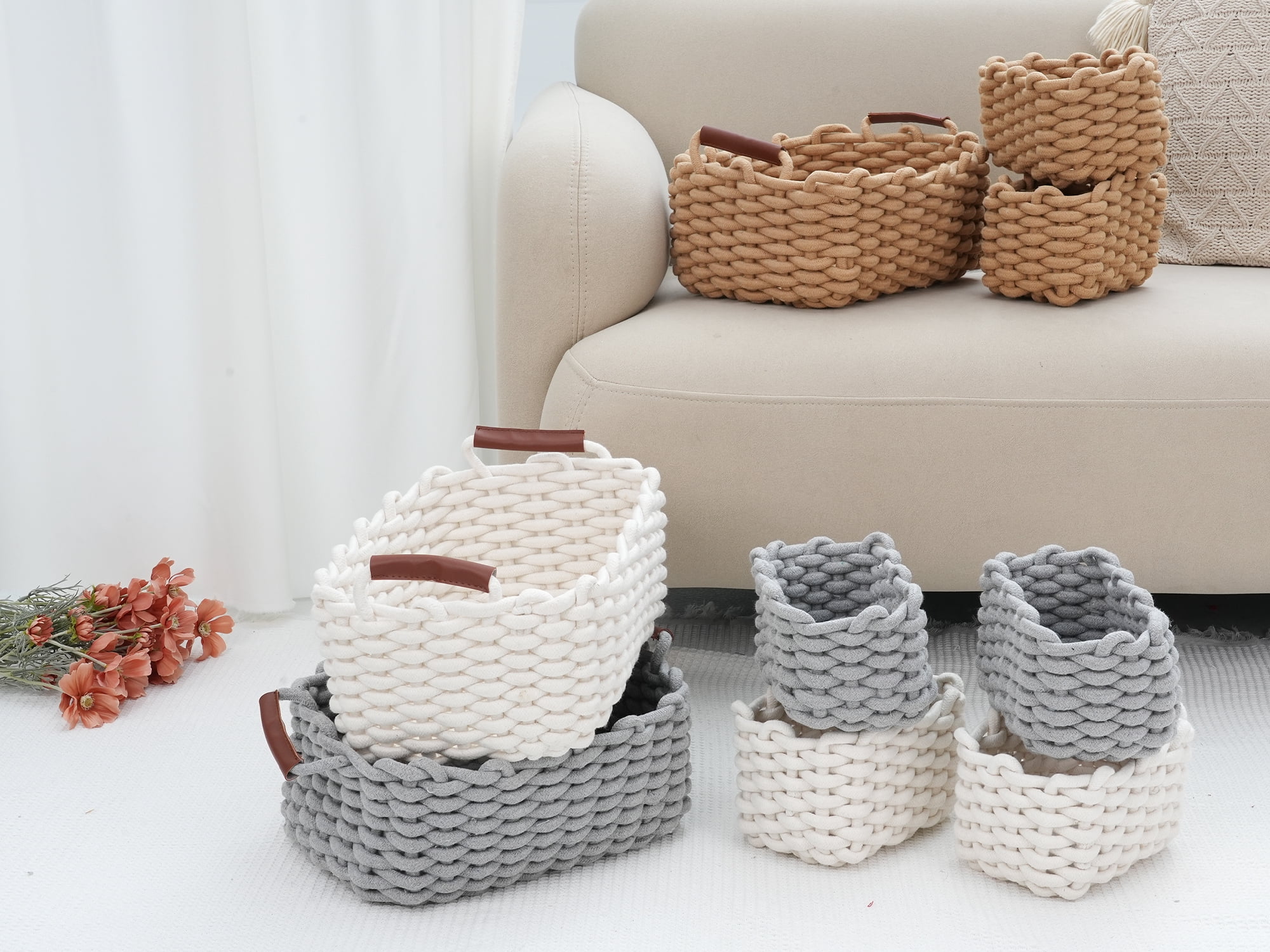 Unique Bargains Woven Storage Basket Shelf Storage Bin with Handle for Key Tray Bowl Brown
