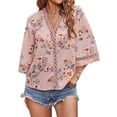 thumbnail image 1 of hirigin Women Casual Tops, Floral Printed 3/4 Sleeve V-Neck Hollow-Out Patchwork Loose Tops, 1 of 7