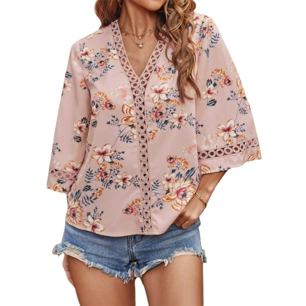 Tops Casual para Mujer SAYOO Estampado Floral Manga 3/4 Cuello en V Ahuecado Patchwork Sueltos