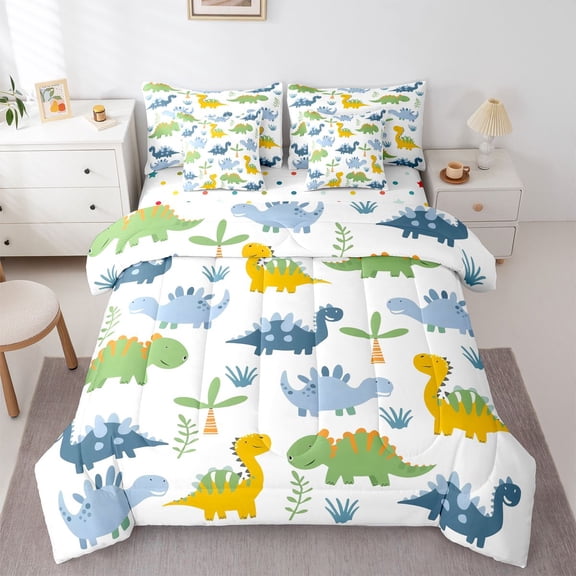 Manfei Teens Children Cute Dinosaur Twin Bedding Sets 7-Piece,Kawaii Wildlife Dino Bedding Comforter Set Microfiber,Cute Woodland Animal Breathable Sheet Sets,Luxury Bedroom Decor,Reversible