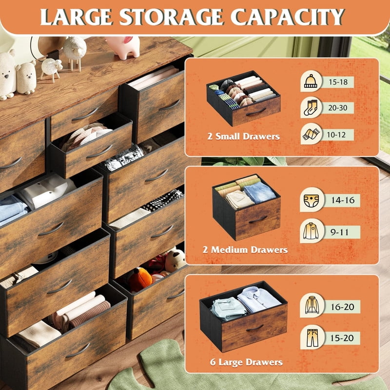 Kelno 10 Drawer Fabric Dresser Storage Organizer with Side Pockets Sturdy Metal Frame Wood Top, Rustic Brown