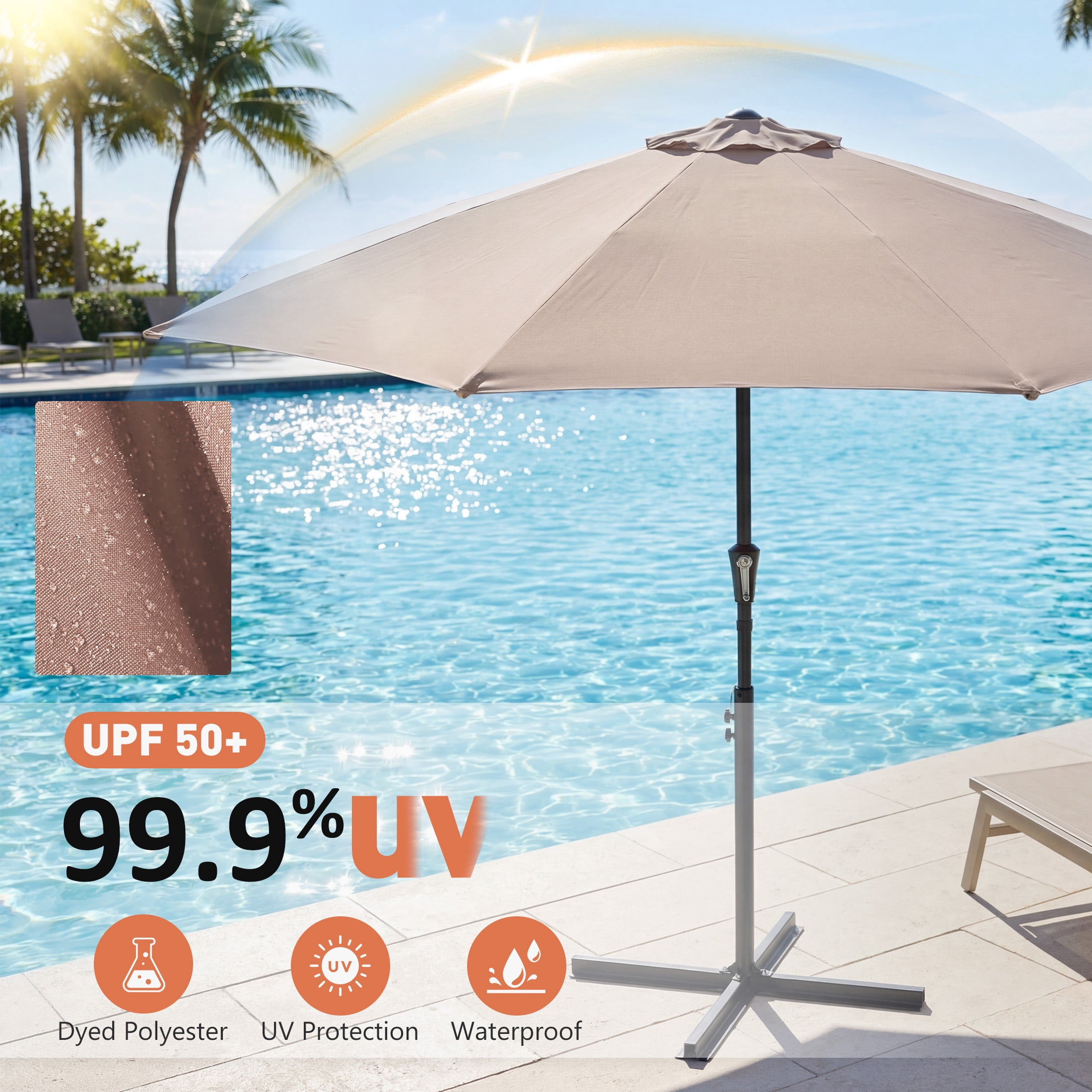 EDX 9FT Patio Umbrella Market Umbrella w/Tilt and Crank Heavy-Duty Round Outdoor Umbrellas for Garden, Deck, Backyard, Pool and Beach(brown)