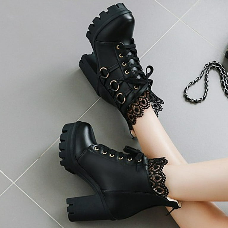 Chunky Lace Up Wide Width Chunky Boots Hopeusnice Women's