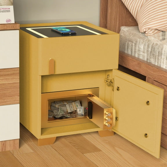 KPIBEST Nightstand with Safe Box and LED Lights and Wireless Charge（yellow）