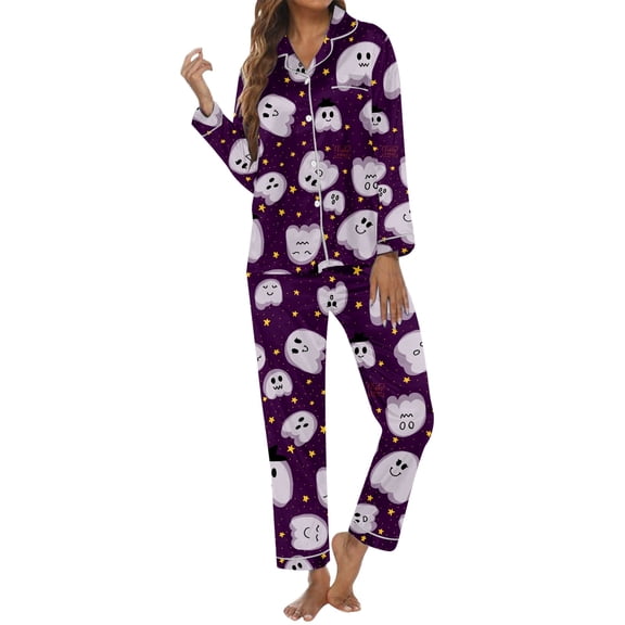 Pajama Set Womens Two Piece Halloween Print Button Lapel Long Sleeve Top Sleepwear and Long Pants Loungewear