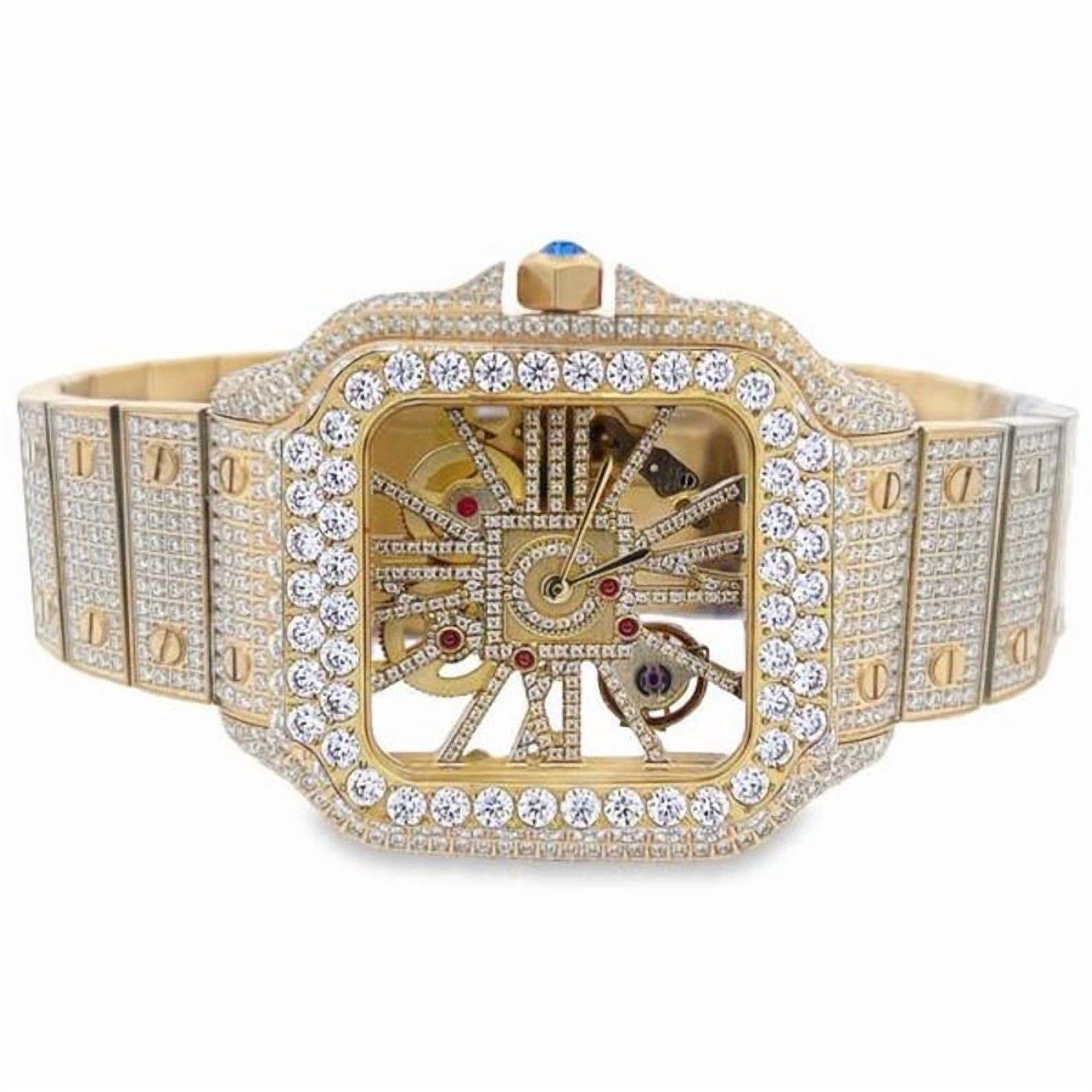 Real Genuine Certified 24.76 Cwt. VVS/D Moissanite Diamond 14K Yellow Gold Finish Luxury Automatic Skeleton Dial Men's Steel Custom Designer Watch