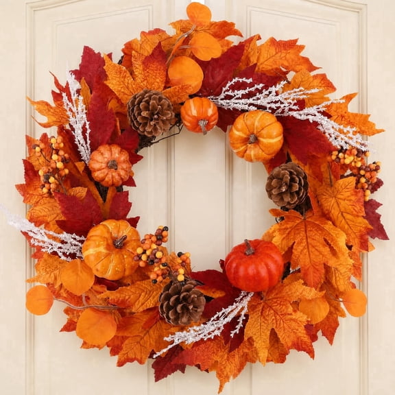 Leyaron Fall Wreath for Front Door Decoration, 22 Inch Artificial Autumn Wreaths with Pumpkin Pine Cone Berry Fall Decoration for Home Indoor Outdoor Thanksgiving Autumn Decor