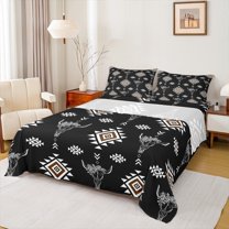 Homewish Retro Bull Skull Bed Sheets,Boho Tribal King Sheets,Black Brown Sheet Set For Boys Kids,Breathable Home Decor,4-Piece