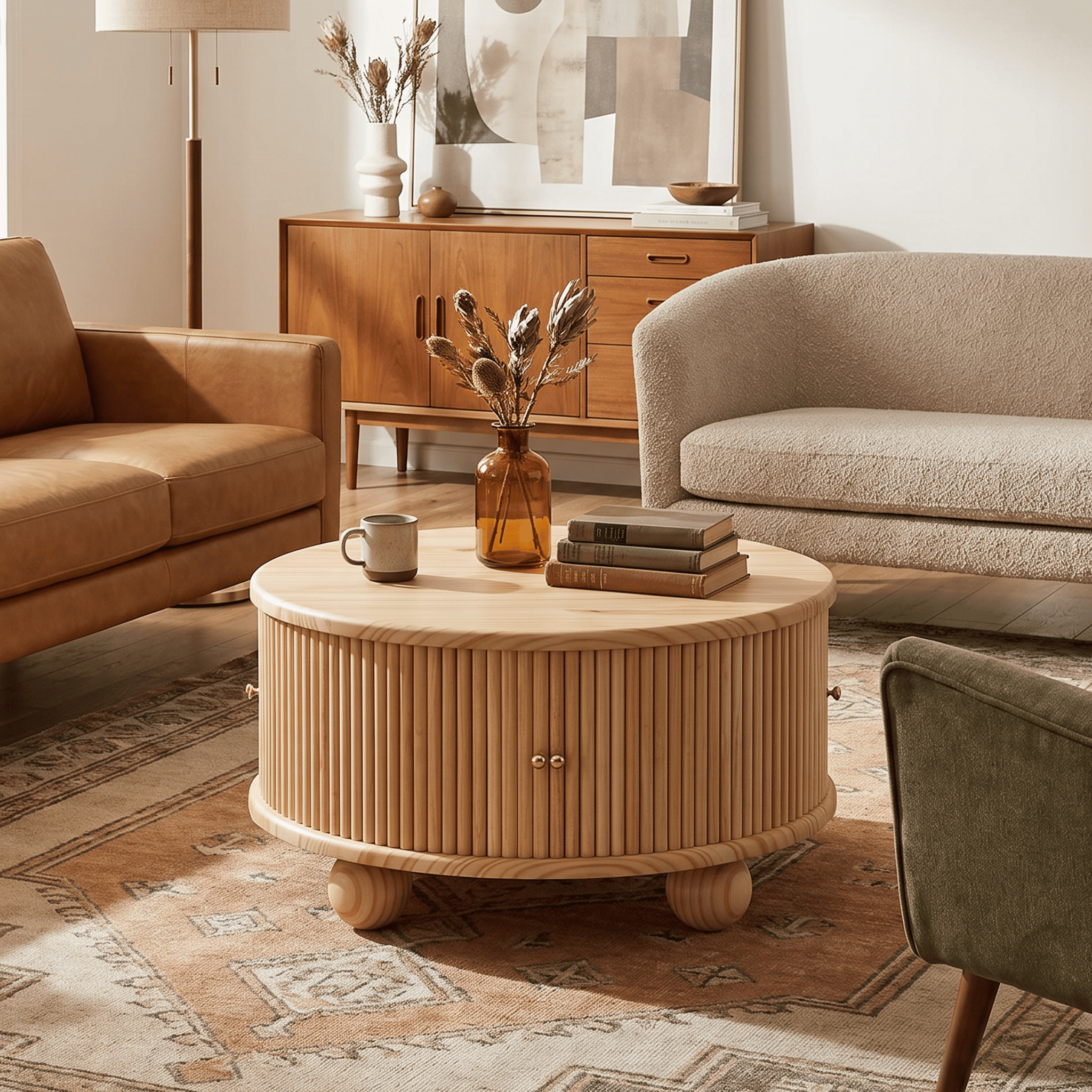 Homy Casa 31.8 in Round Fluted Wood Coffee Table with Storage Shelf for Living Room Natural Oak