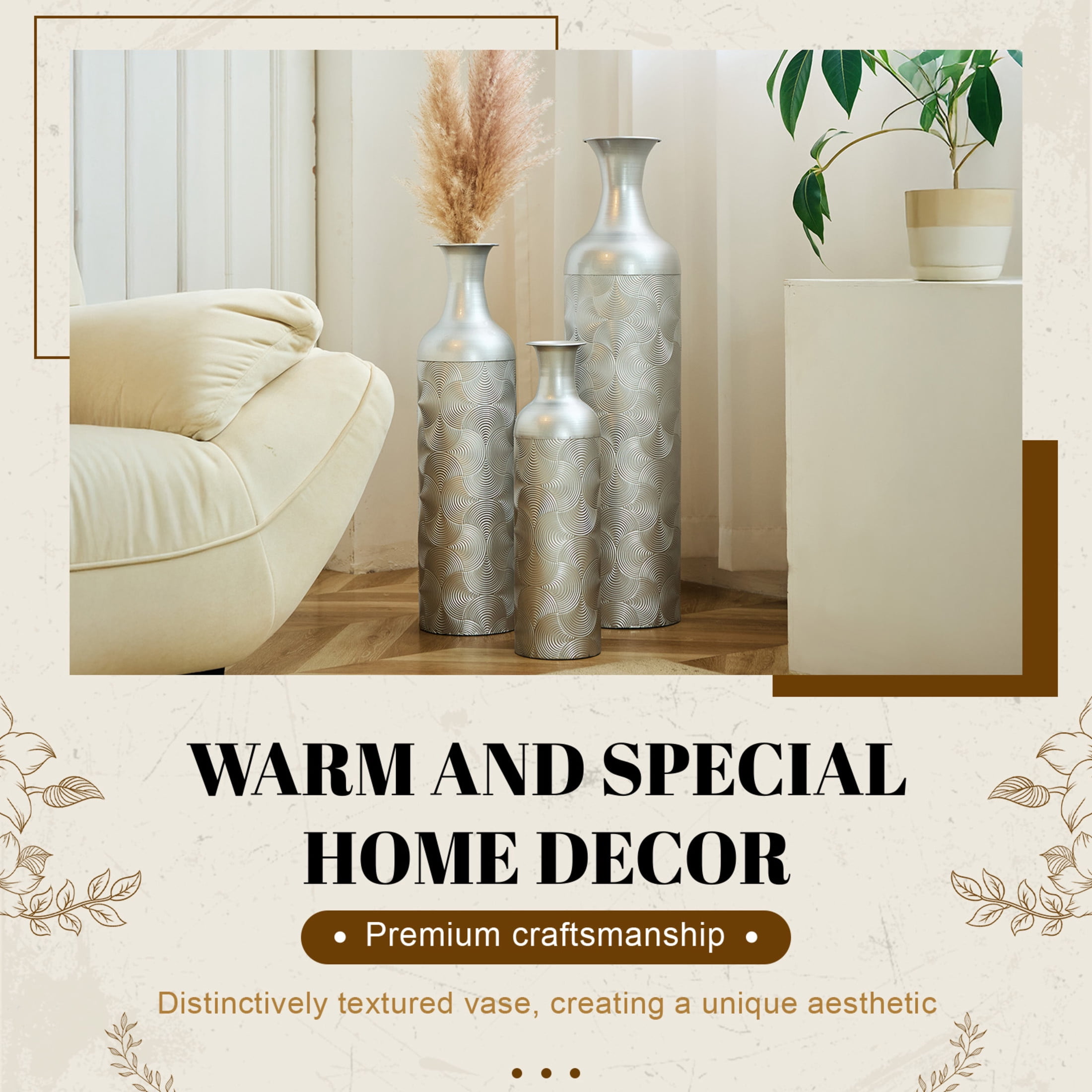 Noble House 3-Piece Metal Floor Vase Set, 32.68", 25.98", 19.69" Decorative Vases with Wave Pattern, Silver