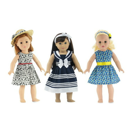 18-inch Doll Clothes | Value Bundle - Set of 3 Doll Dresses, Including Black and White Floral Dress with Hat, Nautical Dress with Headband, and Floral Dress with Headband | Fits American Girl Dolls